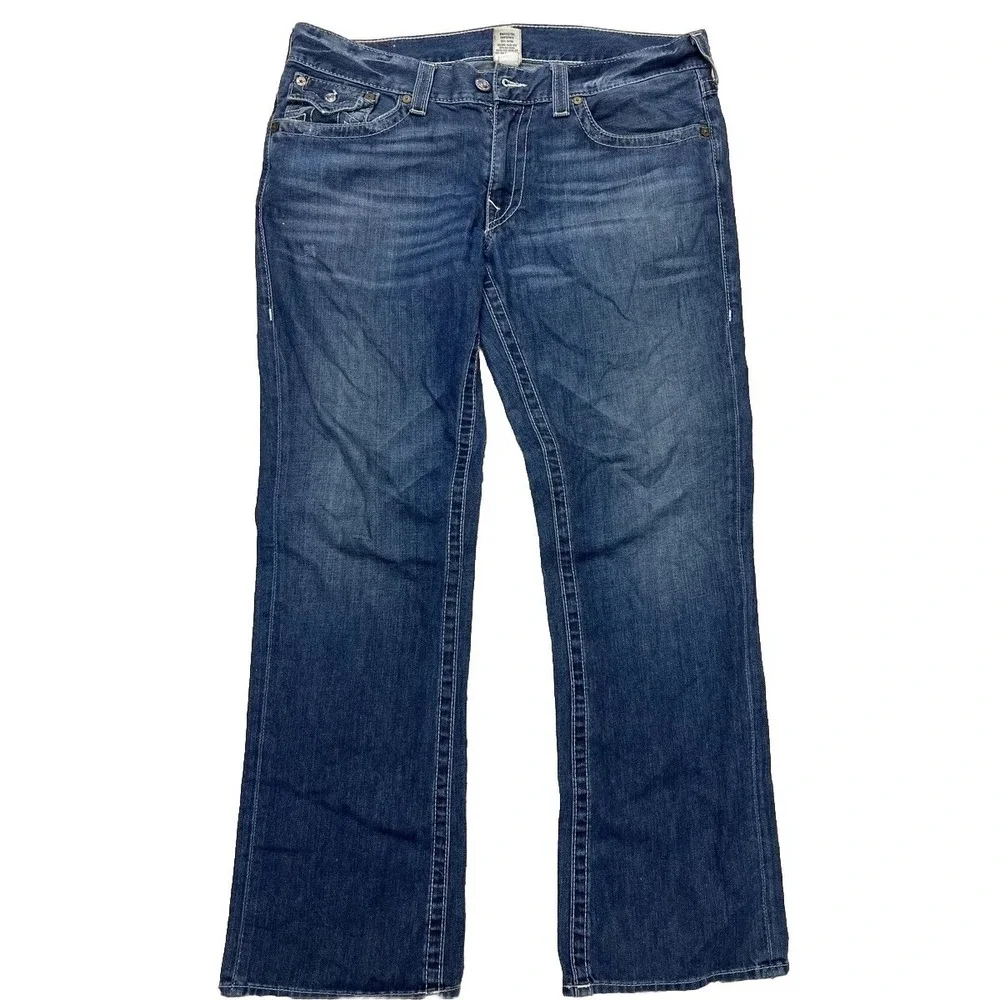 True Religion Jeans 38 X 32.5 Blue Denim Ricky Relaxed Straight Thick Stitch‎